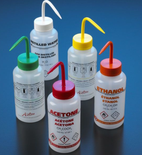 Wash Bottle, Acetone, 500 mL, Low-Density Polyethylene (LDPE), Multi-Lingual, Vented, Red, GHS Labeled, 5/CS, Globe Scientific, WGW537VTML-GHS