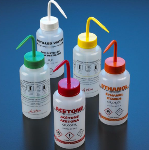 Wash Bottle, Isopropanol, 500 mL, Low-Density Polyethylene (LDPE), Multi-lingual, Vented, Yellow, GHS Labeled, EA, Globe Scientific, WGW539VTML-GHS-1