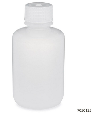 Bottle, Narrow Mouth, Polypropylene (PP) Bottle, Attached Polypropylene (PP) Screw Cap, 125 mL, 72/CS (6 Bags of 12), Globe Scientific, 7050125
