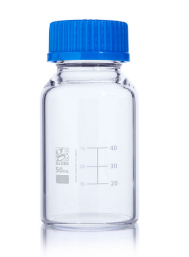 Bottle, Media, Globe Glass, 50 mL, with Polypropylene (PP) GL32 Screw Cap, Dual Graduations, 40/CS, Globe Scientific, 8100050