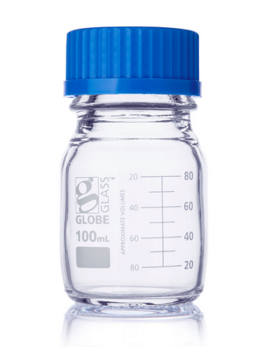 Bottle, Media, Globe Glass, 100 mL, with Polypropylene (PP) GL45 Screw Cap, Dual Graduations, 20/CS, Globe Scientific, 8100100