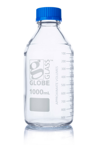 Bottle, Media, Globe Glass, 1000 mL, with Polypropylene (PP) GL45 Screw Cap, Dual Graduations, 10/PK, Globe Scientific, 8101000