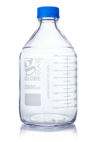 Bottle, Media, Globe Glass, 2000 mL, with Polypropylene (PP) GL45 Screw Cap, Dual Graduations, 10/PK, Globe Scientific, 8102000