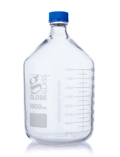 Bottle, Media, Globe Glass, 5000 mL, with Polypropylene (PP) GL45 Screw Cap, Dual Graduations, EA, Globe Scientific, 8105000
