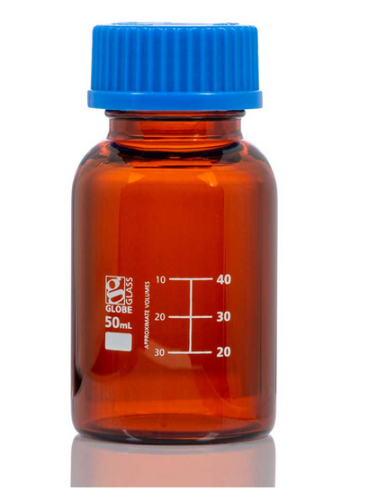 Bottle, Amber Media, Globe Glass, 50 mL, with Polypropylene (PP) GL32 Screw Cap, Dual Graduations, 40/CS, Globe Scientific, 8110050