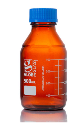 Bottle, AmberMedia, Globe Glass, 500 mL, with Polypropylene (PP) GL45 Screw Cap, Dual Graduations, 10/PK, Globe Scientific, 8110500