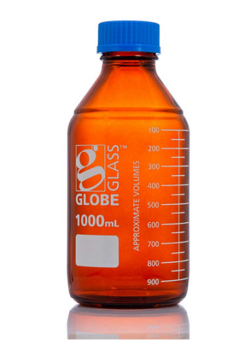 Bottle, Amber Media, Globe Glass, 1000 mL, with Polypropylene (PP) GL45 Screw Cap, Dual Graduations, 10/PK, Globe Scientific, 8111000