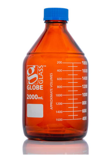 Bottle, Amber Media, Globe Glass, 2000 mL, with Polypropylene (PP) GL45 Screw Cap, Dual Graduations, 10/PK, Globe Scientific, 8112000