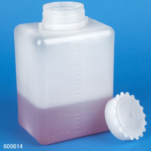 Bottle, Wide Mouth, Square, Graduated, Polyethylene (PE) with Polypropylene (PP) Screwcap, 2000 mL, 40/CS, Globe Scientific, 600614B