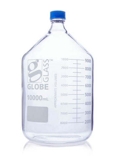 Bottle, Media, Globe Glass, 10000 mL, with Polypropylene (PP) GL45 Screw Cap, Dual Graduations, EA, Globe Scientific, 810010K