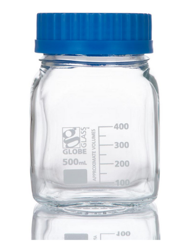 Bottle, Square Media, Wide Mouth, Globe Glass, 500 mL, with Polypropylene (PP) GL80 Screw Cap, 10/PK, Globe Scientific, 8120500