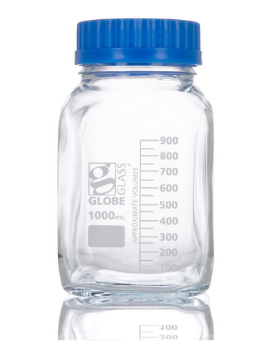 Bottle, Square Media, Wide Mouth, Globe Glass, 1000 mL, with Polypropylene (PP) GL80 Screw Cap, 10/PK, Globe Scientific, 8121000