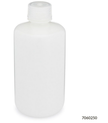 Bottle, Narrow Mouth, High-Density Polyethylene (HDPE) Bottle, Attached Polypropylene (PP) Screw Cap, 250 mL, 72/CS (6 Bags of 12), Globe Scientific, 7060250