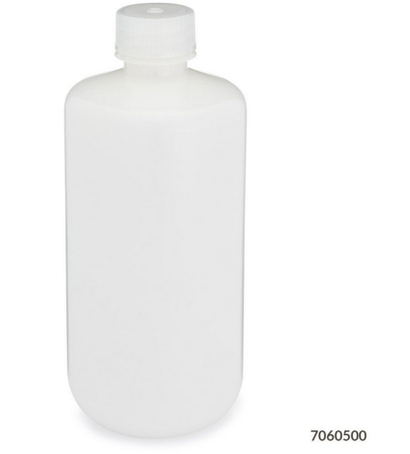 Bottle, Narrow Mouth, High-Density Polyethylene (HDPE) Bottle, Attached Polypropylene (PP) Screw Cap, 500 mL, 48/CS (4 Bags of 12), Globe Scientific, 7060500