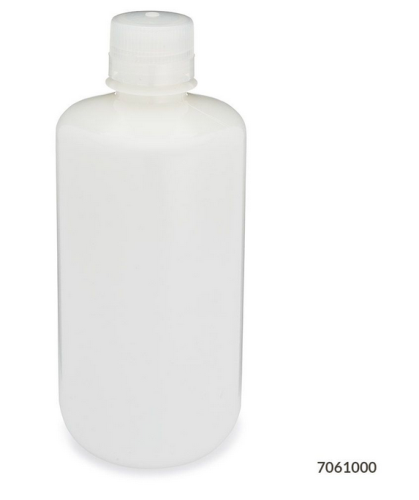 Bottle, Narrow Mouth, High-Density Polyethylene (HDPE) Bottle, Attached Polypropylene (PP) Screw Cap, 1000 mL, 24/CS (4 Bags of 6), Globe Scientific, 7061000