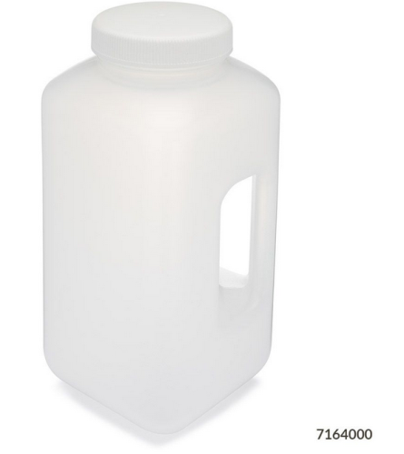 Bottle, Large Wide Mouth with Handle, Square, Polypropylene (PP) Bottle, 100 mm Polypropylene (PP) Screw Cap, 4 L (1.0 Gallons), 6/CS, Globe Scientific, 7164000