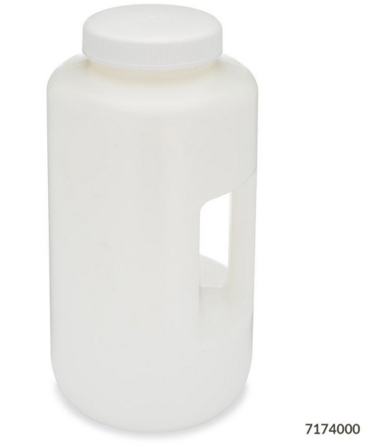 Bottle, Large Wide Mouth with Handle, Round, High-Density Polyethylene (HDPE) Bottle, 100 mm Polypropylene (PP) Screw Cap, 4 L (1.0 Gallons), 6/CS, Globe Scientific, 7174000