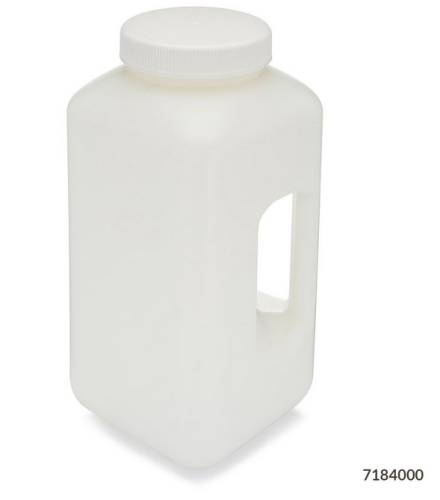 Bottle, Large Wide Mouth with Handle, Square, High-Density Polyethylene (HDPE) Bottle, 100 mm Polypropylene (PP) Screw Cap, 4 L (1.0 Gallons), 6/CS, Globe Scientific, 7184000