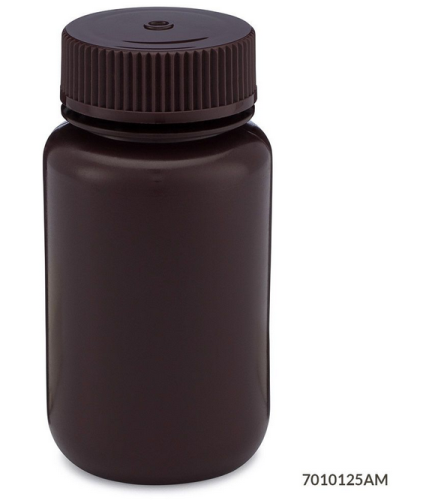 Bottle, Wide Mouth, High-Density Polyethylene (HDPE) Bottle, Attached Polypropylene (PP) Screw Cap, Amber, 125 mL, 72/CS (6 Bags of 12), Globe Scientific, 7010125AM
