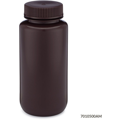 Bottle, Wide Mouth, High-Density Polyethylene (HDPE) Bottle, Attached Polypropylene (PP) Screw Cap, Amber, 500 mL, 48/CS (4 Bags of 12), Globe Scientific, 7010500AM