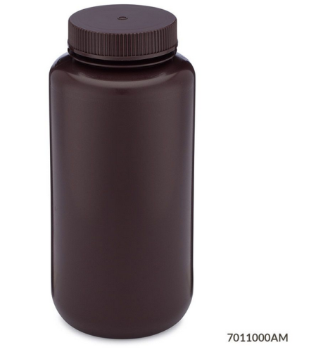 Bottle, Wide Mouth, High-Density Polyethylene (HDPE) Bottle, Attached Polypropylene (PP) Screw Cap, Amber, 1000 mL, 24/CS (4 Bags of 6), Globe Scientific, 7011000AM