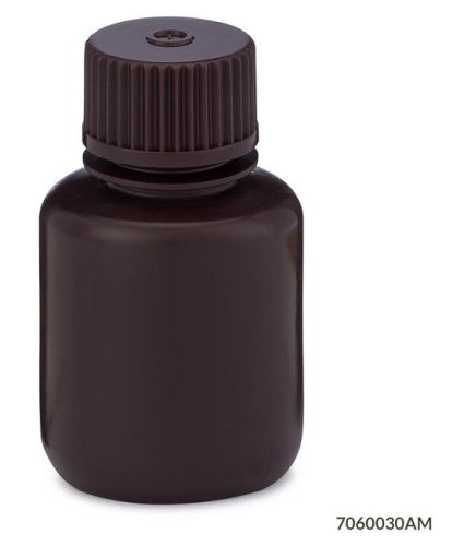 Bottle, Narrow Mouth, High-Density Polyethylene (HDPE) Bottle, Attached Polypropylene (PP) Screw Cap, Amber, 30 mL, 72/CS (6 Bags of 12), Globe Scientific, 7060030AM