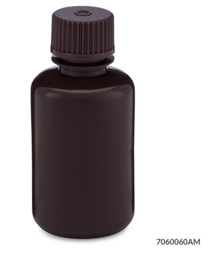 Bottle, Narrow Mouth, High-Density Polyethylene (HDPE) Bottle, Attached Polypropylene (PP) Screw Cap, Amber, 60 mL, 72/CS (6 Bags of 12), Globe Scientific, 7060060AM
