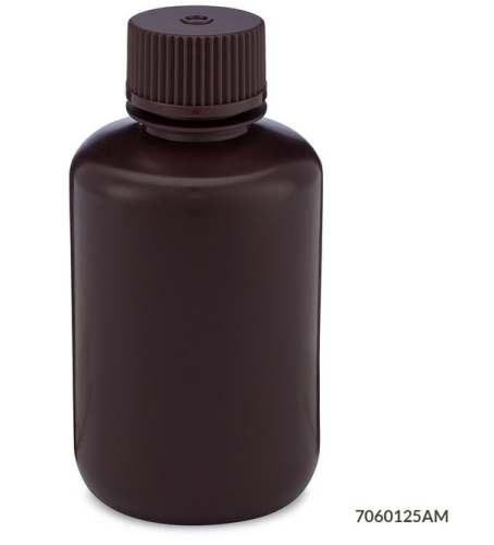 Bottle, Narrow Mouth, High-Density Polyethylene (HDPE) Bottle, Attached Polypropylene (PP) Screw Cap, Amber, 125 mL, 72/CS (6 Bags of 12), Globe Scientific, 7060125AM