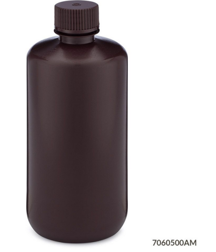 Bottle, Narrow Mouth, High-Density Polyethylene (HDPE) Bottle, Attached Polypropylene (PP) Screw Cap, Amber, 500 mL, 48/CS (4 Bags of 12), Globe Scientific, 7060500AM