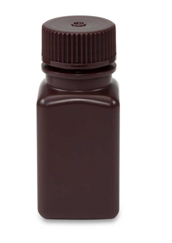 Bottle, Wide Mouth, Square, Amber High-Density Polyethylene (HDPE), Attached Polypropylene (PP) Screw Cap, 60 mL, 72/CS (6 Bags of 12), Globe Scientific, 7180060AM