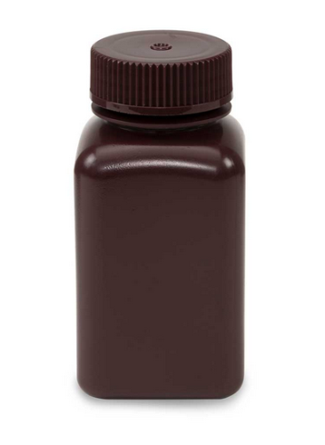 Bottle, Wide Mouth, Square, Amber High-Density Polyethylene (HDPE), Attached Polypropylene (PP) Screw Cap, 175 mL, 72/CS (6 Bags of 12), Globe Scientific, 7180175AM