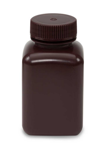 Bottle, Wide Mouth, Square, Amber High-Density Polyethylene (HDPE), Attached Polypropylene (PP) Screw Cap, 250 mL, 72/CS (6 Bags of 12), Globe Scientific, 7180250AM