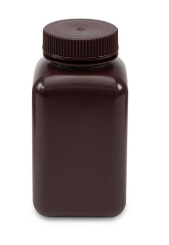 Bottle, Wide Mouth, Square, Amber High-Density Polyethylene (HDPE), Attached Polypropylene (PP) Screw Cap, 500 mL, 48/CS (4 Bags of 12), Globe Scientific, 7180500AM