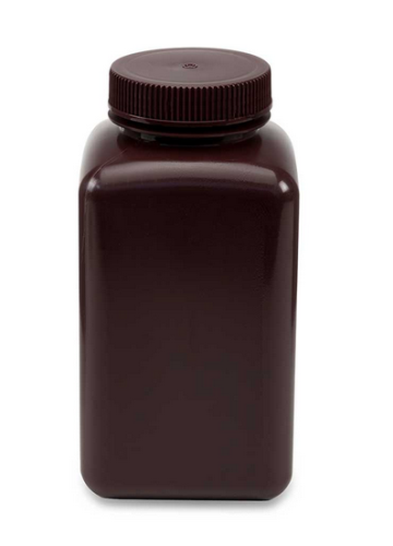 Bottle, Wide Mouth, Square, Amber High-Density Polyethylene (HDPE), Attached Polypropylene (PP) Screw Cap, 1000 mL, 24/CS (4 Bags of 6), Globe Scientific, 7181000AM