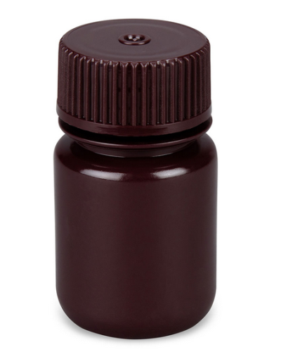 Bottle, Wide Mouth, Round, Amber High-Density Polyethylene (HDPE) with Amber Polypropylene (PP) Closure, 30 mL, Bulk Packed with Bottles and Caps ged Separately, 1000/CS, Globe Scientific, 7510030AMBKS