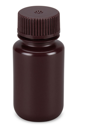 Bottle, Wide Mouth, Round, Amber High-Density Polyethylene (HDPE) with Amber Polypropylene (PP) Closure, 60 mL, Bulk Packed with Bottles and Caps Bagged Separately, 1000/CS, Globe Scientific, 7510060AMBKS