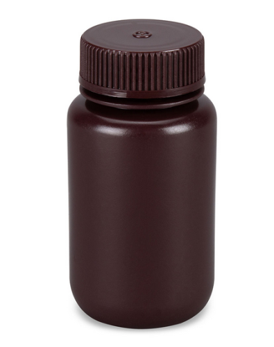 Bottle, Wide Mouth, Round, Amber High-Density Polyethylene (HDPE) with Amber Polypropylene (PP) Closure, 125 mL, Bulk Packed with Bottles and Caps Bagged Separately, 500/CS, Globe Scientific, 7510125AMBKS