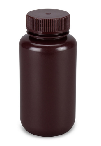 Bottle, Wide Mouth, Round, Amber High-Density Polyethylene (HDPE) with Amber Polypropylene (PP) Closure, 250 mL, Bulk Packed with Bottles and Caps Bagged Separately, 250/CS, Globe Scientific, 7510250AMBKS