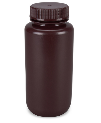 Bottle, Wide Mouth, Round, Amber High-Density Polyethylene (HDPE) with Amber Polypropylene (PP) Closure, 500 mL, Bulk Packed with Bottles and Caps Bagged Separately, 125/CS, Globe Scientific, 7510500AMBKS