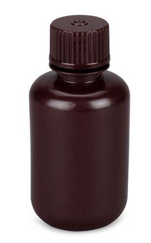 Bottle, Narrow Mouth, Boston Round, Amber High-Density Polyethylene (HDPE) with Amber Polypropylene (PP) Closure, 60 mL, Bulk Packed with Bottles and Caps Bagged Separately, 1000/CS, Globe Scientific, 7560060AMBKS