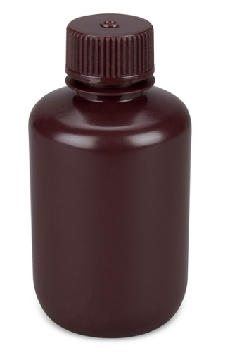 Bottle, Narrow Mouth, Boston Round, Amber High-Density Polyethylene (HDPE) with Amber Polypropylene (PP) Closure, 125 mL, Bulk Packed with Bottles and Caps Bagged Separately, 500/CS, Globe Scientific, 7560125AMBKS