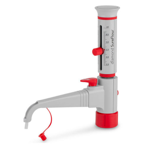Bottle Top Dispenser, Diamond SureFlow, with Recirculation, 0.25 mL to 2.5 mL, 0.05 mL Increments, Globe Scientific, GBTD-R-2.5