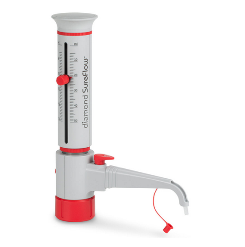 Bottle Top Dispenser, Diamond SureFlow, with Recirculation, 5.0 mL to 50.0 mL, 1.0 mL Increments, Globe Scientific, GBTD-R-50