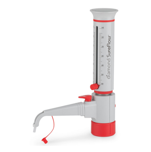Bottle Top Dispenser, Diamond SureFlow, with Recirculation, 5.0 mL to 60.0 mL, 1.0 mL Increments, Globe Scientific, GBTD-R-60
