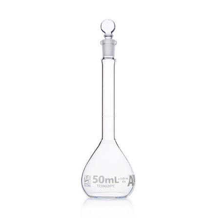 Flask, Volumetric, Globe Glass, 50 mL, CLASS A, TO CONTAIN (TC), ASTM E288, 12/CS, Globe Scientific, 8200050