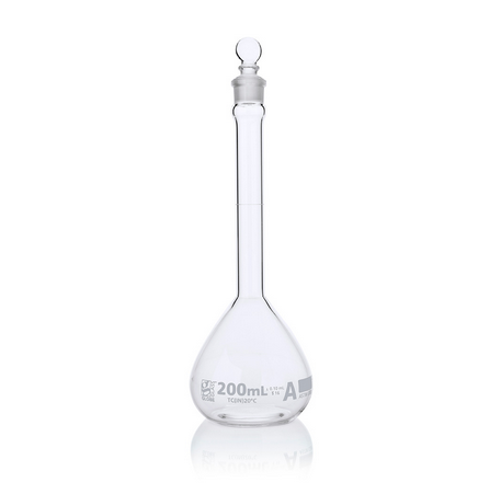 Flask, Volumetric, Globe Glass, 200 mL, CLASS A, TO CONTAIN (TC), ASTM E288, 12/CS, Globe Scientific, 8200200