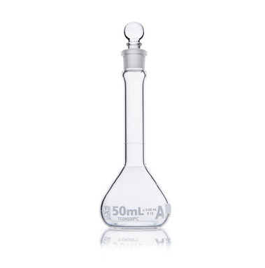 Flask, Volumetric, Wide Mouth, Globe Glass, 50 mL, CLASS A, TO CONTAIN (TC), ASTM E288, 12/CS, Globe Scientific, 8230050