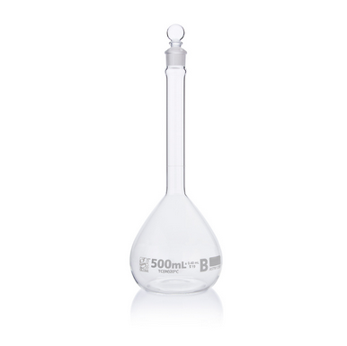 Flask, Volumetric, Globe Glass, 500 mL, Class B, To Contain (TC), ASTM E288, 12/CS, Globe Scientific, 8250500