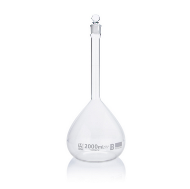 Flask, Volumetric, Globe Glass, 2000 mL, Class B, To Contain (TC), ASTM E288, 4/CS, Globe Scientific, 8252000