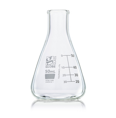 Flask, Erlenmeyer, Globe Glass, 50 mL, Narrow Mouth, Dual Graduations, ASTM E1404, 48/CS, Globe Scientific, 8400050